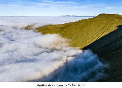Drone view of a temperature inversion over Pen-y-Fan in the Brecon Beacons, Wales