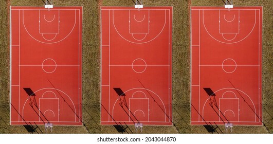 Drone View Of Three Basketball Court From Above. Outdoor Field Activity From Top View. Birds Eye. White Lines And Green Grass. Aerial Image From Drone. People Gathering Places.