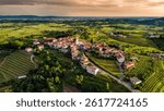 Drone view of a traditional small town or village in south Slovenia in Central Europe. The area is surrounded by wineyards and good quality food. 