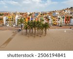 Drone view of Villa Joyosa colorful beach in Spain, Alicante