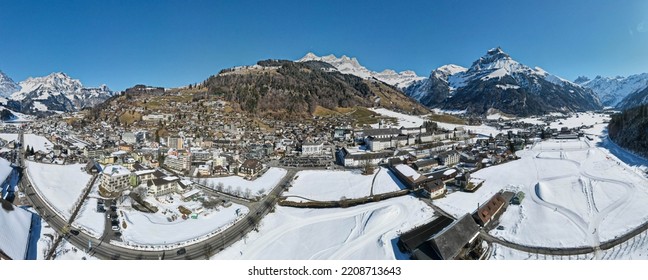 Drone view at the village of Engelberg on the Swiss alps