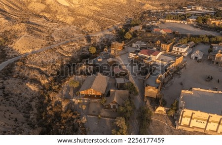 Drone view of the western town mini Hollywood  in the Tabernas desert AndalusiaTravel Spain route of movie set locations 