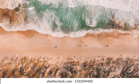 Drone view of Yeagarup Beach and the Warren River, Western Australia, wild southern ocean, river entrance, Australian coastline, rugged coast and crashing waves