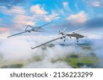 Drones in flight one after another perform surveillance over the territory