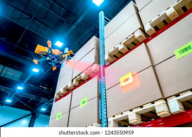Drones Scans Barcode. Modern Warehouse. Inventory In Stock. Drone Reads The Barcode Boxes In Stock. Automation. Storage Management. Responsible Storage. Warehouse Inspection.