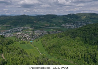 Droneview aerial village landscape of village Itingen in Switzerland.