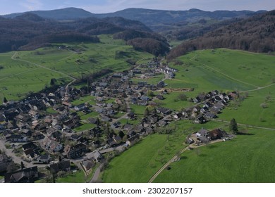 Droneview aerial village landscape of village Ziefen in Switzerland.