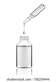 Drop Falls From A Cosmetic Or Medical Ampoule Into A Bottle Close-up On A White Background