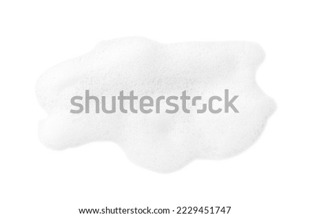 Drop of fluffy soap foam isolated on white, top view