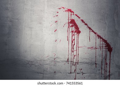 Drop Of Red Blood On Wall In Abandoned House. Halloween Festival And Event. Murder And Killer Theme. Background For Horror And Scream Film Presentation. Criminal And Social Issues Concept