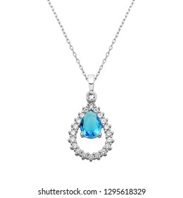 Drop Shape Necklace With Zircon And Drop Aquamarine Gemstone