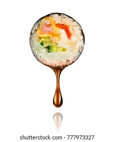 Drop Of Soy Sauce Drips From A Sushi Roll, Isolated On White Background 