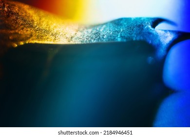 A drop of water works on a tree leaf like a magnifying glass, lens and leaf venetion. The objects were shot in the colors of the rainbow spectrum. Ultra macro - Shutterstock ID 2184946451