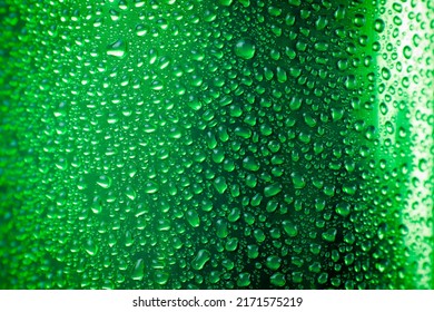 Droplets On Green Soda Can, Texture Background. 