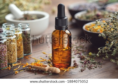 Dropper bottle of essential oil. Glass bottles of medicinal herbs. Mortar and bowls of dry herbs on background. Alternative medicine. 
