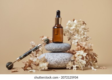 Dropper Glass Bottle Mockup And Face Roller On Rounded Pebble Podium. Natural Skincare Beauty Product Concept