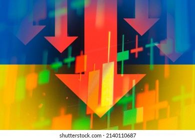 Dropping Arrows Showing Decreasing Trend In Economy In Global Crisis Or Downtrend Of Stocks On The Stock Exchange In Ukraine.