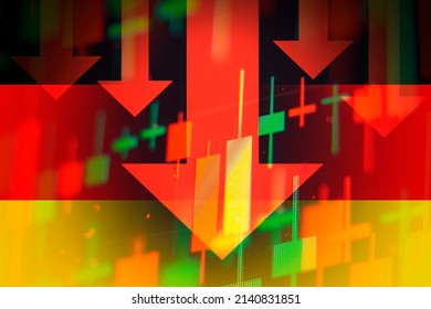 Dropping arrows showing decreasing trend in economy in global crisis or downtrend of stocks on the stock exchange in Germany. - Shutterstock ID 2140831851