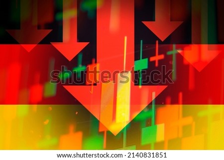 Dropping arrows showing decreasing trend in economy in global crisis or downtrend of stocks on the stock exchange in Germany.