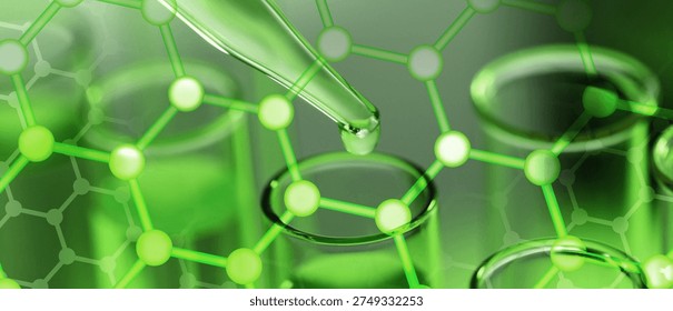 Dropping sample into test tube, double exposure with hexagonal lattice of carbon atoms. Biochemistry researches