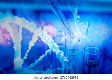 Dropping sample into test tube and DNA strands, color toned. Research in biochemistry and genetics - Powered by Shutterstock - Get 15% off with code: PIKWIZARD15