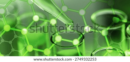 Dropping sample into test tube, double exposure with hexagonal lattice of carbon atoms. Biochemistry researches
