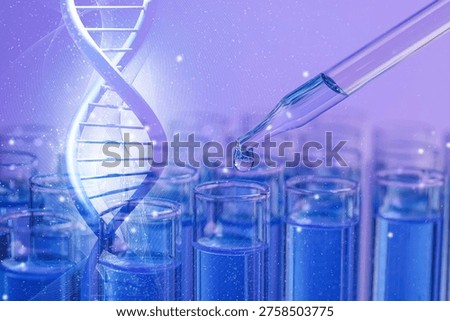 Dropping sample into test tube and DNA strand. Research in biochemistry and genetics