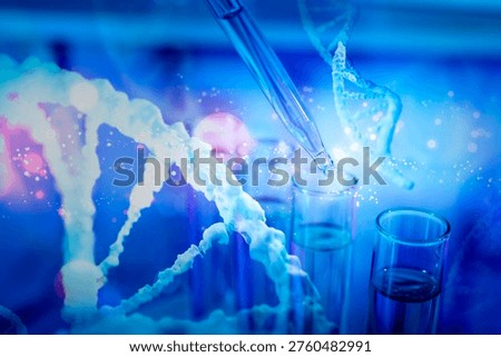Dropping sample into test tube and DNA strands, color toned. Research in biochemistry and genetics