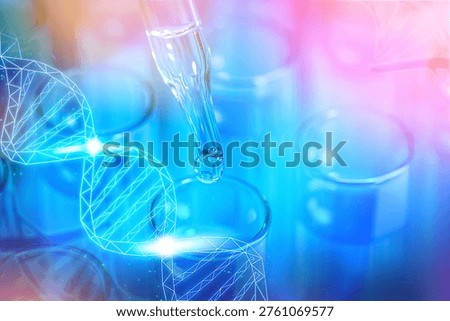 Dropping sample into test tube and DNA strand, color toned. Research in biochemistry and genetics