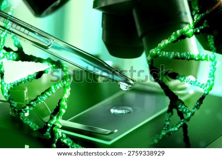 Dropping sample onto microscope slide and DNA strands, color toned. Research in biochemistry and genetics