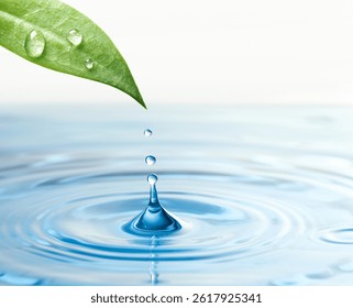 Drops falling from green leaf into water on white background, closeup
