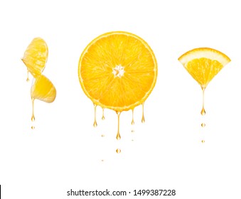 Drops Of Juice Drip From Cut Pieces Of Orange, Isolated On White Background