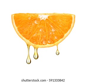 drops of juice falling from orange half isolated on white background 