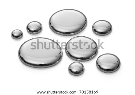 Drops of mercury isolated on white. Image with infinite depth of focus, very sharp.