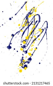 Drops of yellow and blue paint on a white paper background. Close-up