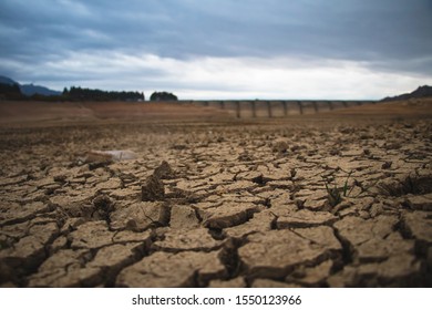 Drought and big cracks on a soil beneath a dam. Desert like land. Global warming concept. - Shutterstock ID 1550123966