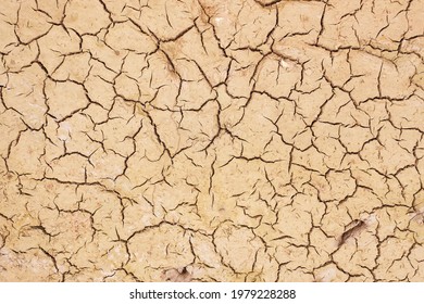 Drought Cracked Ground Earth On Top View. Crack Soil Surface Texture. Background On Hot Arid Climate Weather. Brown Broken Ground. Global Warming And Environmental Crisis.