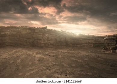 Drought field with a dramatic sky background