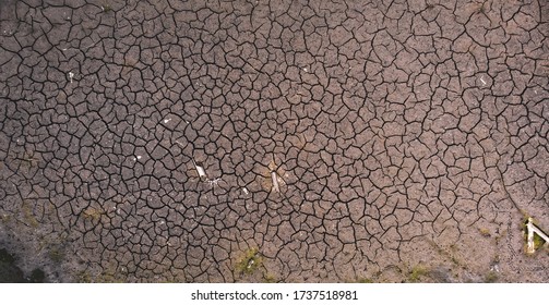 Drought, The Lake Is Completely Dry, Dry And Cracked Earth, Aerial Photography