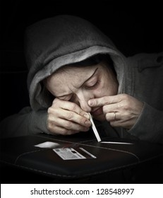 Drug Abuse, Woman Taking Drugs, Snorting Cocaine Portrait