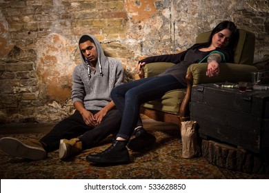 Drug addict sleeping after taking drugs. Man and woman with AIDS resting and relaxing. Disease concept. No to drugs concept.