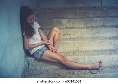 Drug Addict Young Woman With Syringe In Action, Drug Abuse Concept., 