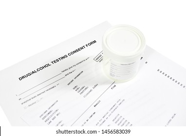 Drug and alcohol testing consent form with sterile urine container and lab report