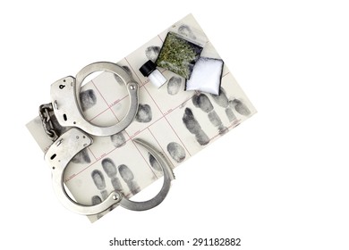 Drug Bust Arrest With Handcuffs, Fingerprint ID, And Fake Sample Evidence.