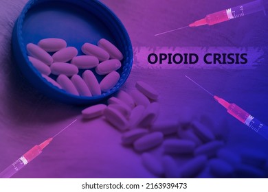 Drug Close-up On A Blue Purple Background. Close-up, Opioid Use Crisis