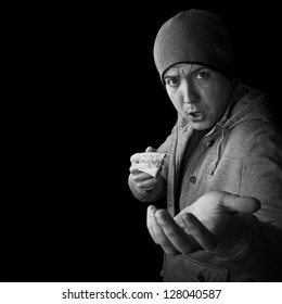 Drug Dealer Selling Heroin Or Cocaine And Asking For Money Black And White With Copy Space