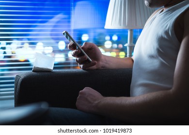 Drug Dealer Using Mobile Phone. Selling And Buying Cocaine Online Concept. Criminal Texting With Smartphone Late At Night. Illegal Internet Business.