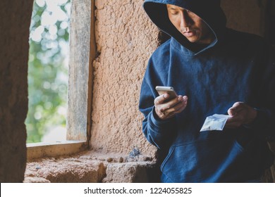 Drug dealers use the phone to contact the customer, drug trafficking, crime, addiction and sale, The concept of buying and selling drugs.