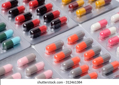 Drug Pill And Capsule Of Antibiotics In Blister Packaging