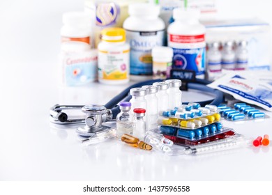 Drug prescription for treatment medication. Pharmaceutical medicament, cure in container for health. Pharmacy theme, capsule pills with medicine antibiotic in packages. - Shutterstock ID 1437596558